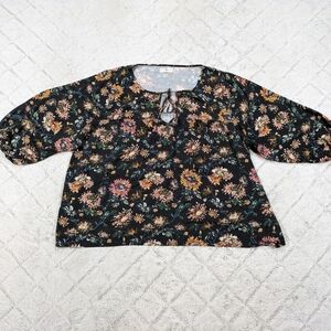 Natural Life Shirt Women's XL Black Floral Maribel Top Oversized Puff Sleeves